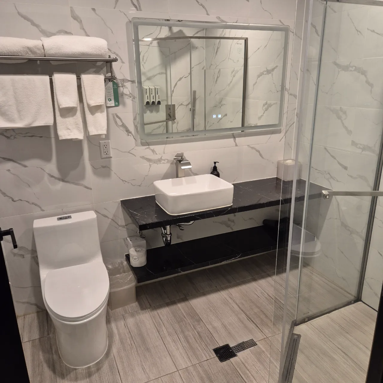 Clean hotel room bathroom.